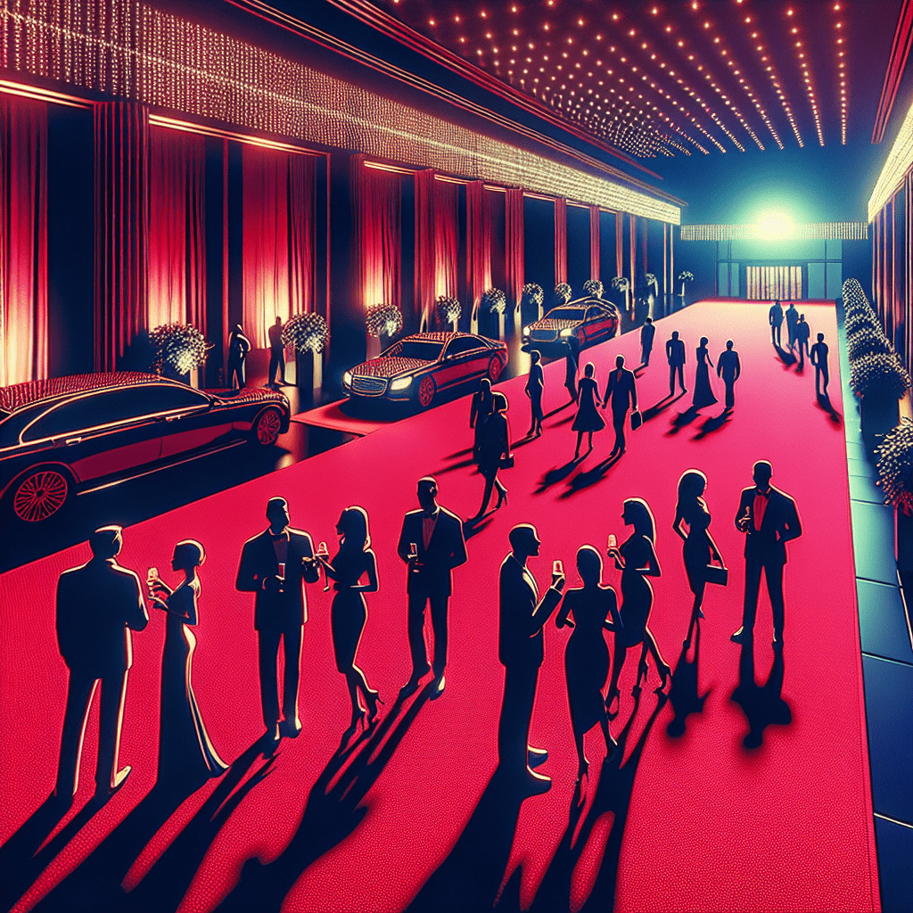 A sophisticated evening scene in Photorealism style with a dominant bright red color palette. Visualize a grand red carpet event, showcasing people of diverse genders and descents engaging in conversations and networking. Atmosphere of companionship and networking without any intimate implications. Include larger elements like luxurious cars and smaller details like elegant attire and accessories to symbolize the high-quality escort service without the intimate component.